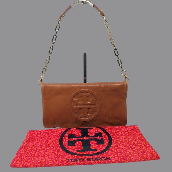 Tory Burch Bombe Reva Clutch Shoulder Bag Brown Leather - Picture 1 of 13